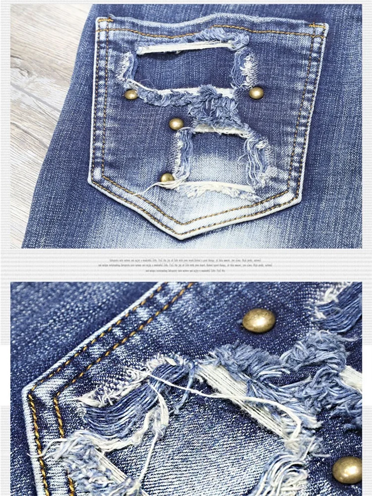 Four Seasons Metal Nailed Jeans for Men's Casual Slim Fit Cotton Elastic Scratched Holes Long Pencil Pants Tight High Street  24