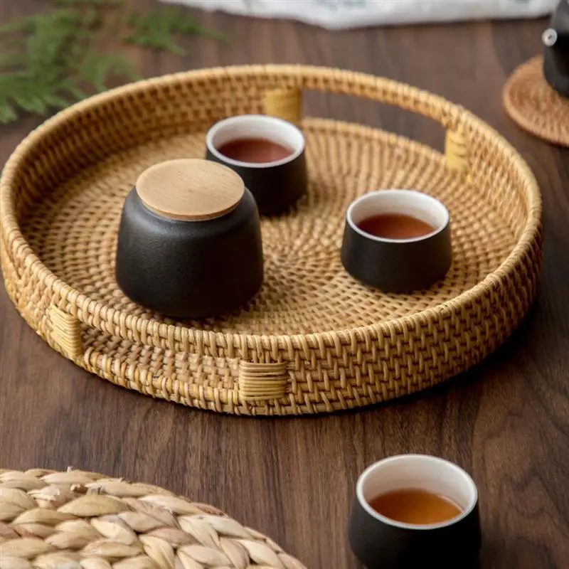1Pc Vietnam Rattan Basket Tray Hand-Woven Storage Bread Living Room Fruit Plate Tea Withe Handle |