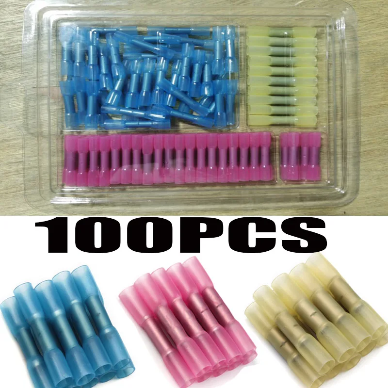 

100PCS Boxed Electrical Wire Terminal Heat Shrink Butt Crimp Terminals Red Waterproof Insulated Seal Wire Connectors 22-10 AWG