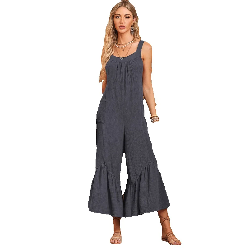 

Thin Casual Wind Lotus Leaf Edge Sleeveless Jumpsuit For Women's Summer New Solid Color Pocket Loose Wide Leg Pants Women