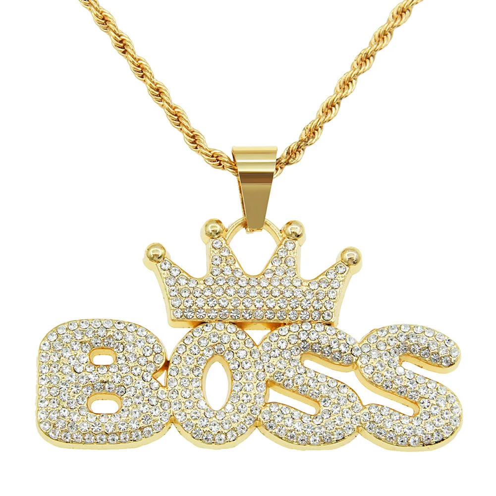 

WANGAIYAO new fashion cool hip-hop full diamond crown letter boss pendant necklace hipster personality exaggerated long accessor