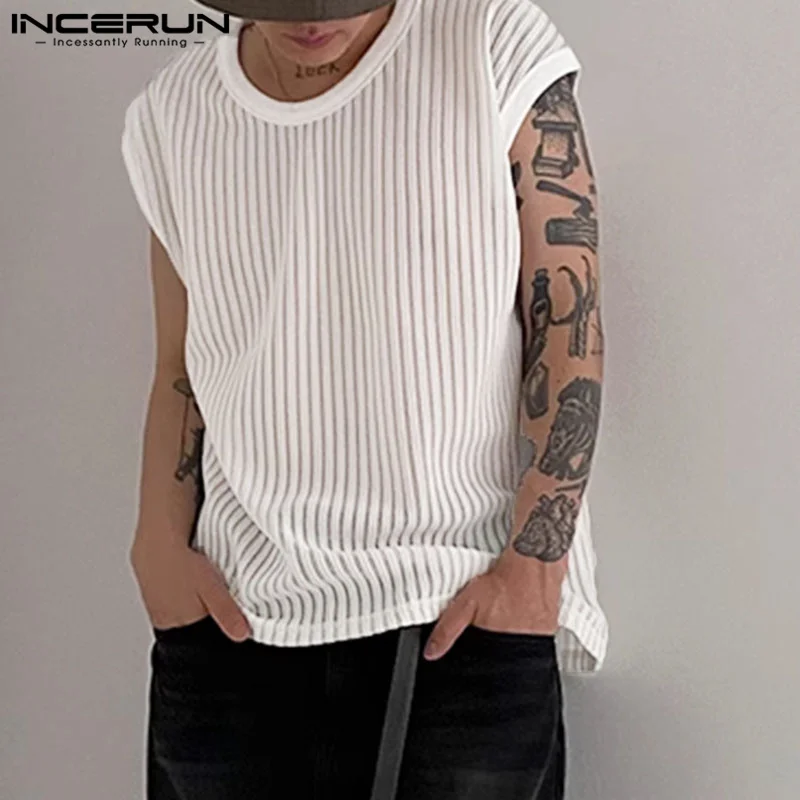 

INCERUN Men Tank Tops Mesh Striped Transparent O-neck Sleeveless Streetwear Vests Summer 2023 Stylish Sexy Men Clothing S-5XL