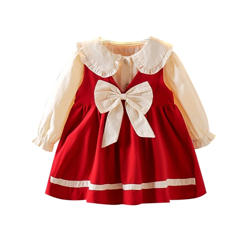 

2 Pcs Autumn Fall Toddler Baby Girl Bowknot Strap Dress Long Sleeve Shirts Set for Kids Children Clothes Outsuits