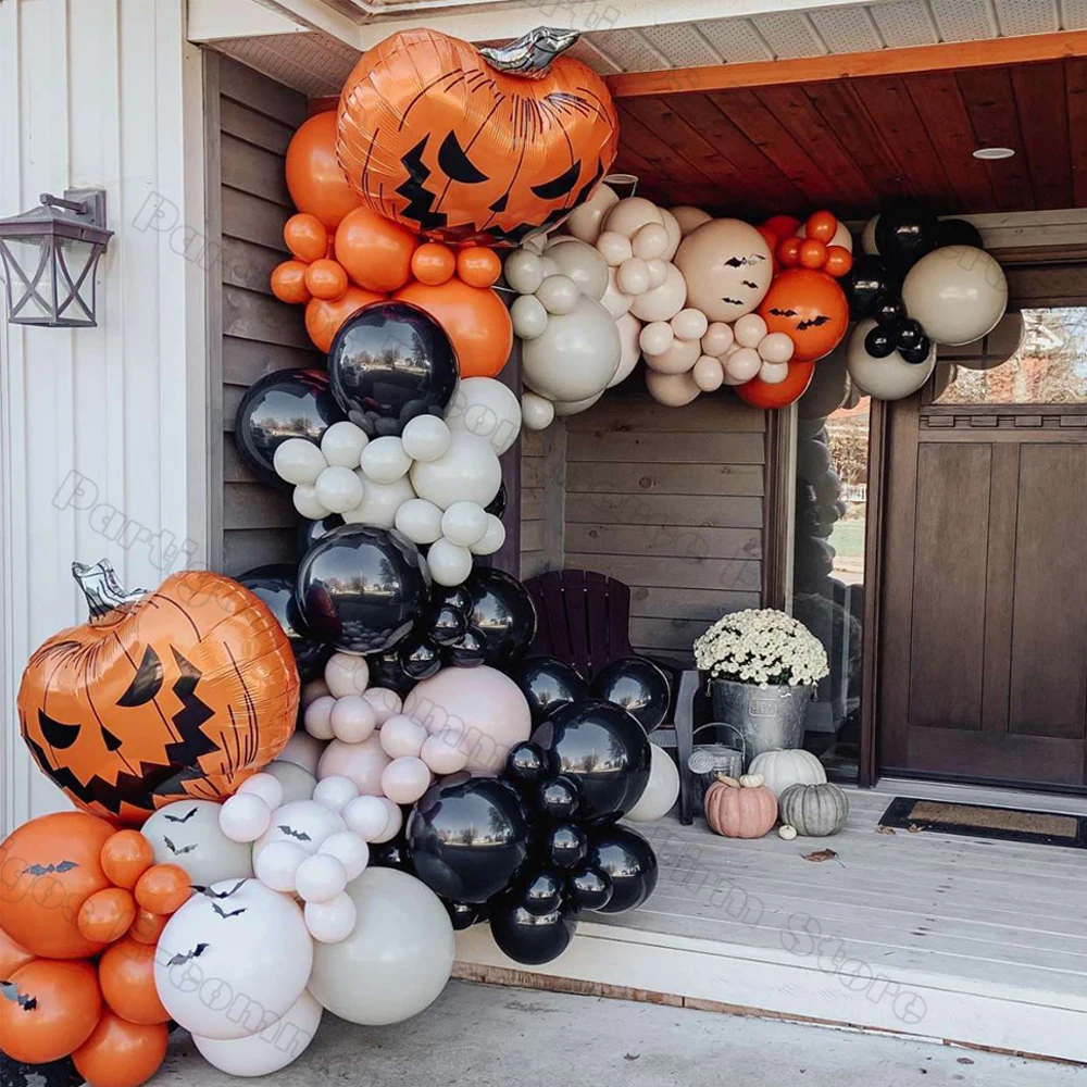 

148pcs Halloween Large Pumpkin Balloon Garland Black Orange Sand White Balloons 3D Bat Stickers for Halloween Party Decorations