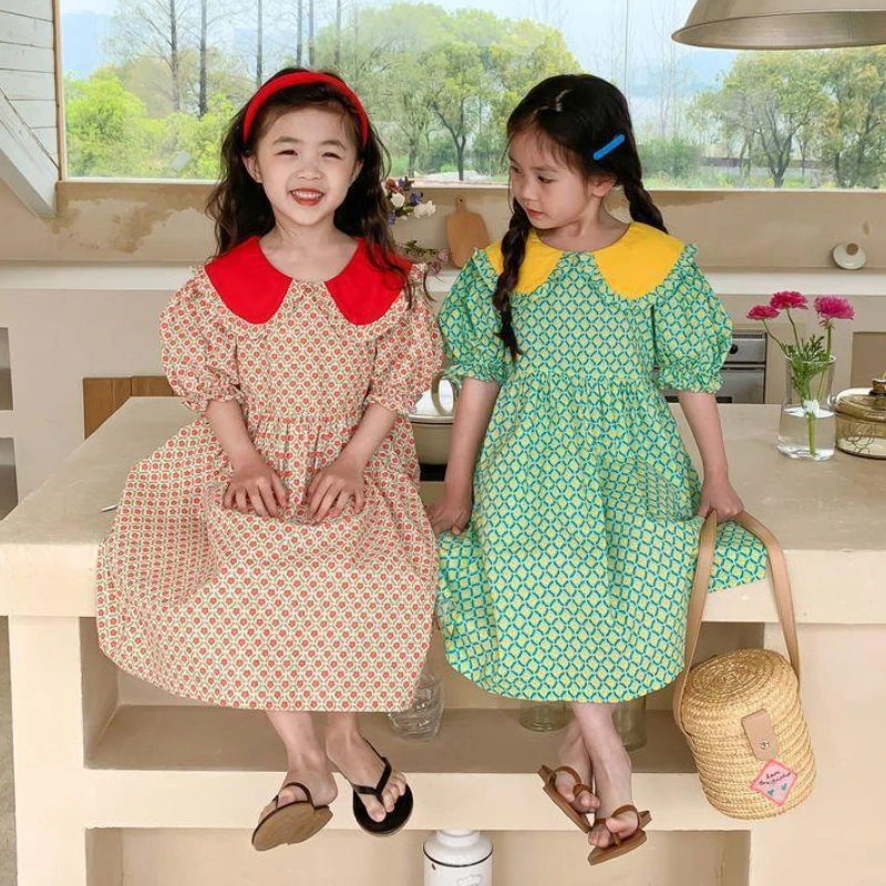 

Платье летнее хлопковое для девочек 3-8 лет, детская юбка с отложным воротником и контрастными рукавами-фонариками, платье принцессы