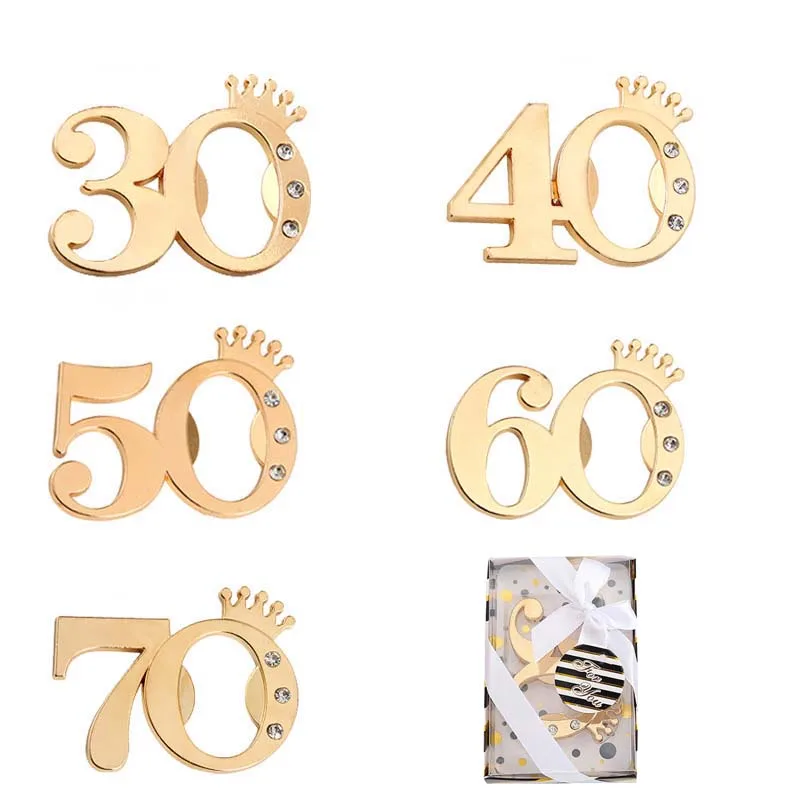 

60pcs/Lot Gold Digital Number 30 40 50 60 70 Bottle Openers Birthday Party Gift Wedding Anniversary Favors Souvenirs For Guest