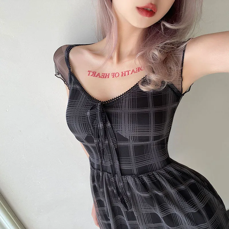 

Lattice Pattern A-Line Short Sleeve Mini Dress For Womens Clothes 2021 Summer Casual Stretch Comfortable Lady Streetwear