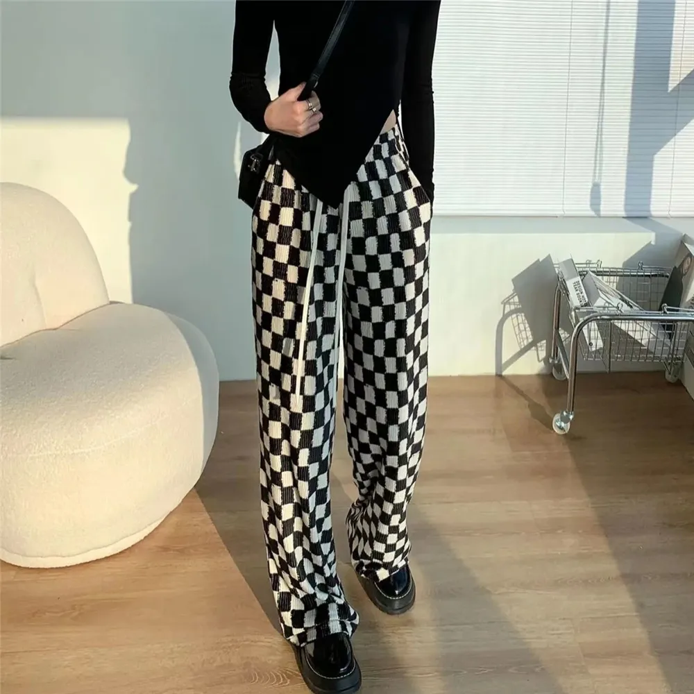

Черные шахматные широкие брюки с высокой талией, весна-осень 2022, коричневые корейские драпированные универсальные свободные тонкие трендовые прямые брюки