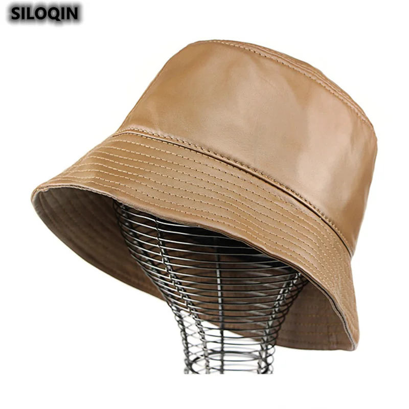 

New Autumn Winter Ladies Leather Hat Sombrero Bucket Hat Men Genuine Leather Leopard Print Flat Top Fisherman's Hat Fedora Hats