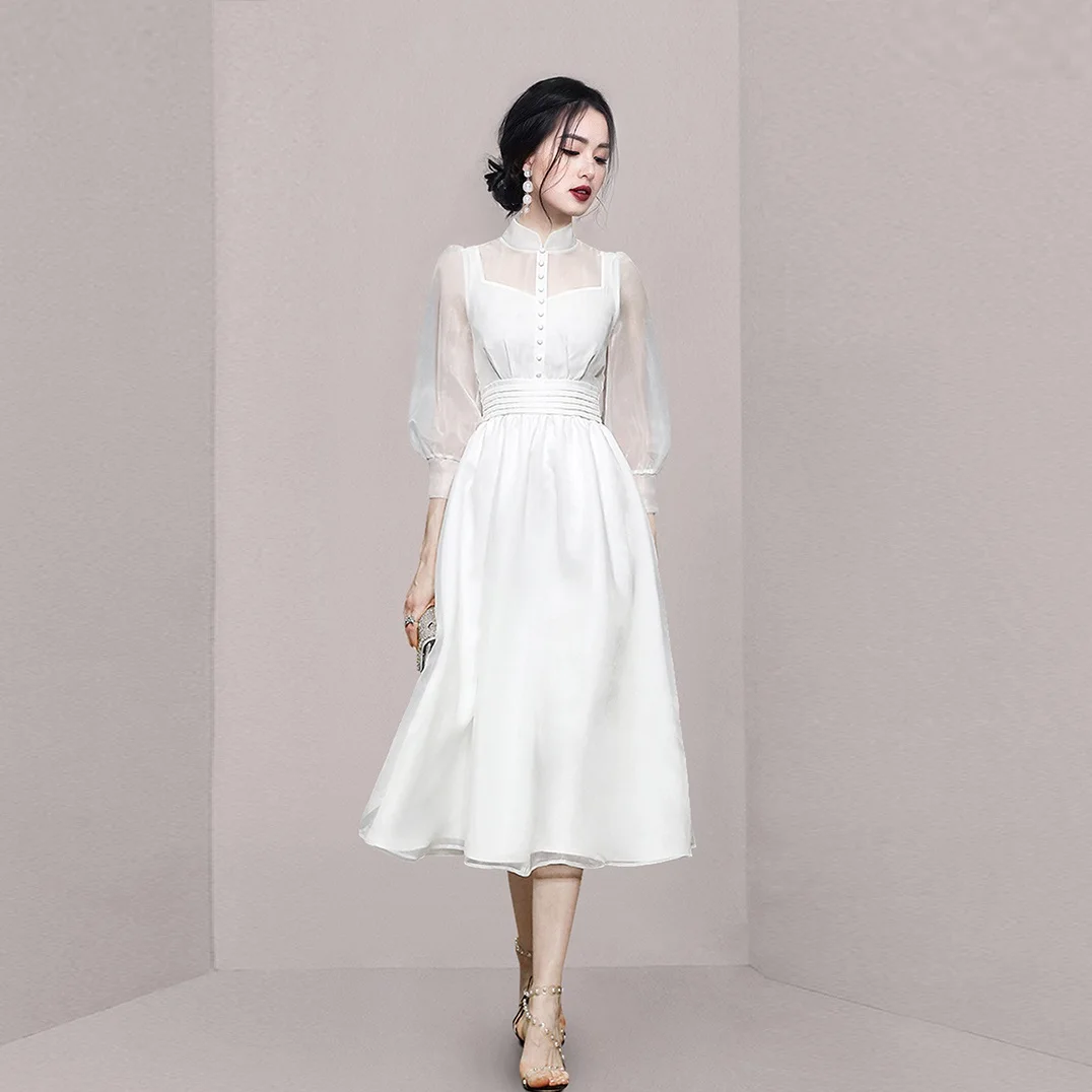 Прозрачное белое женское платье с длинным рукавом Сетчатое однобортное бальное