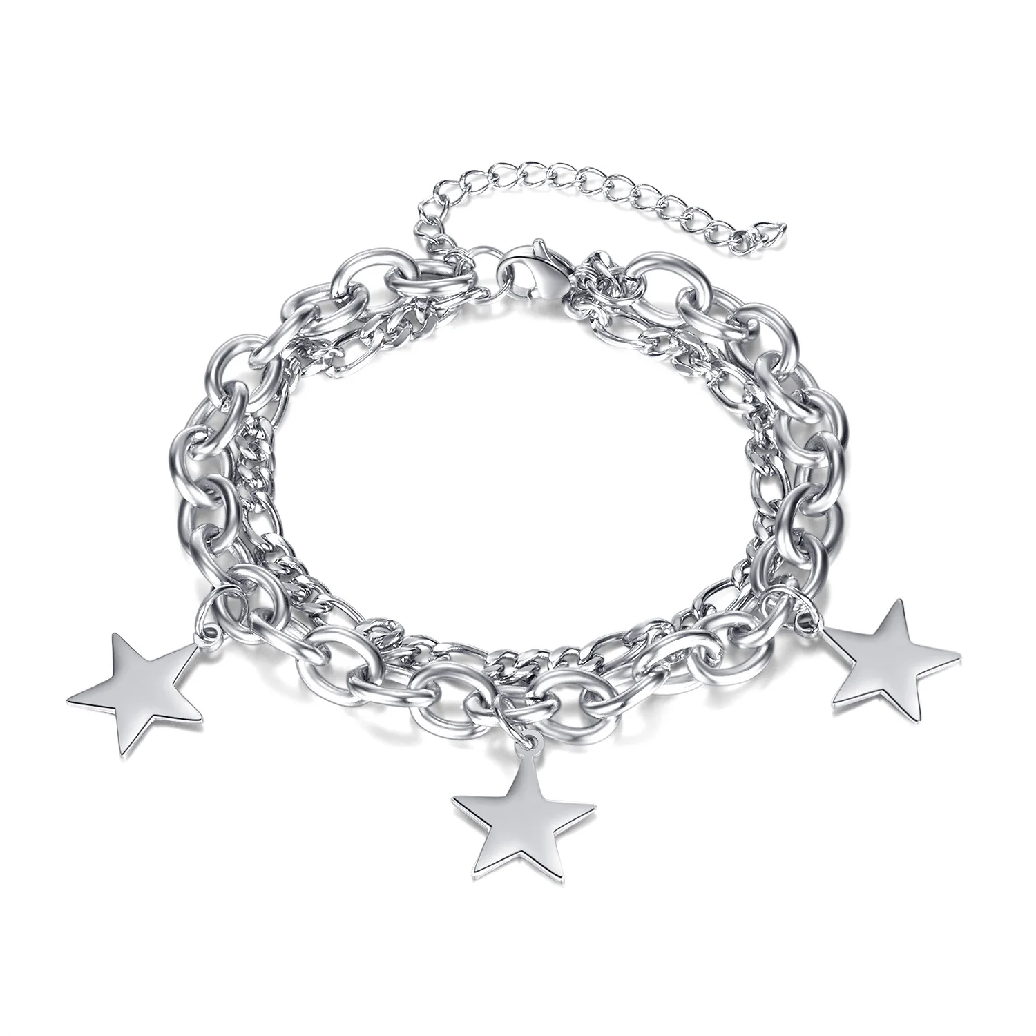 

Jewelry Wholesale Fashion Hip Hop Versatile Double-Layer Twin Five-Pointed Star Pendant Stainless Steel Bracelet for Women