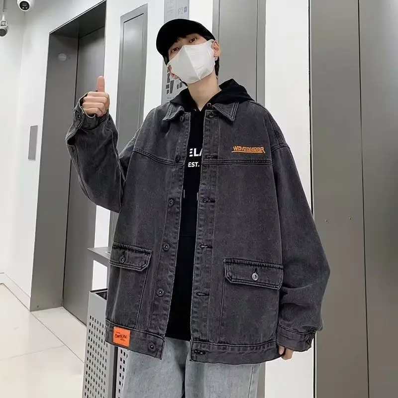 

Denim Jacket Men's Clothing Autumn Coat Trendy All-Match Hong Kong Style Handsome High Street Loose Plus Size Jacket Top Clothes