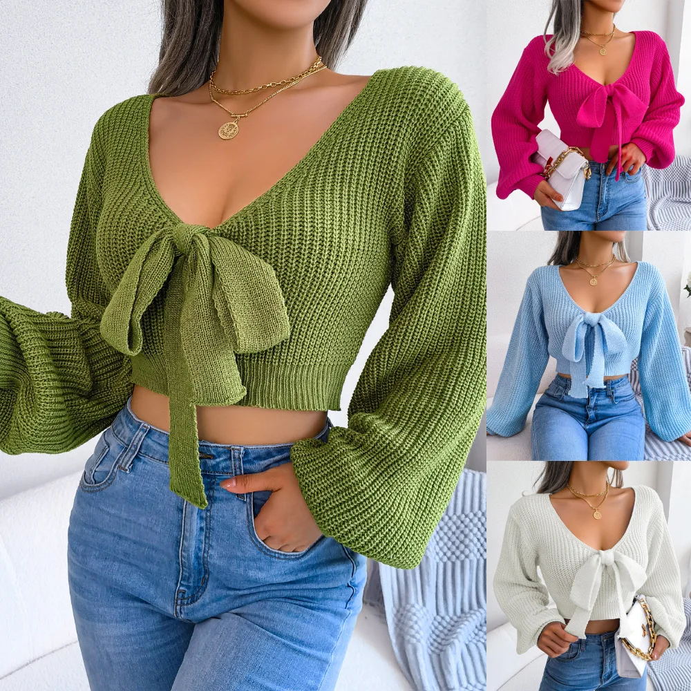 

Autumn/winter fashion bow V-neck balloon sleeve crop top sweater Independent stand womenswear