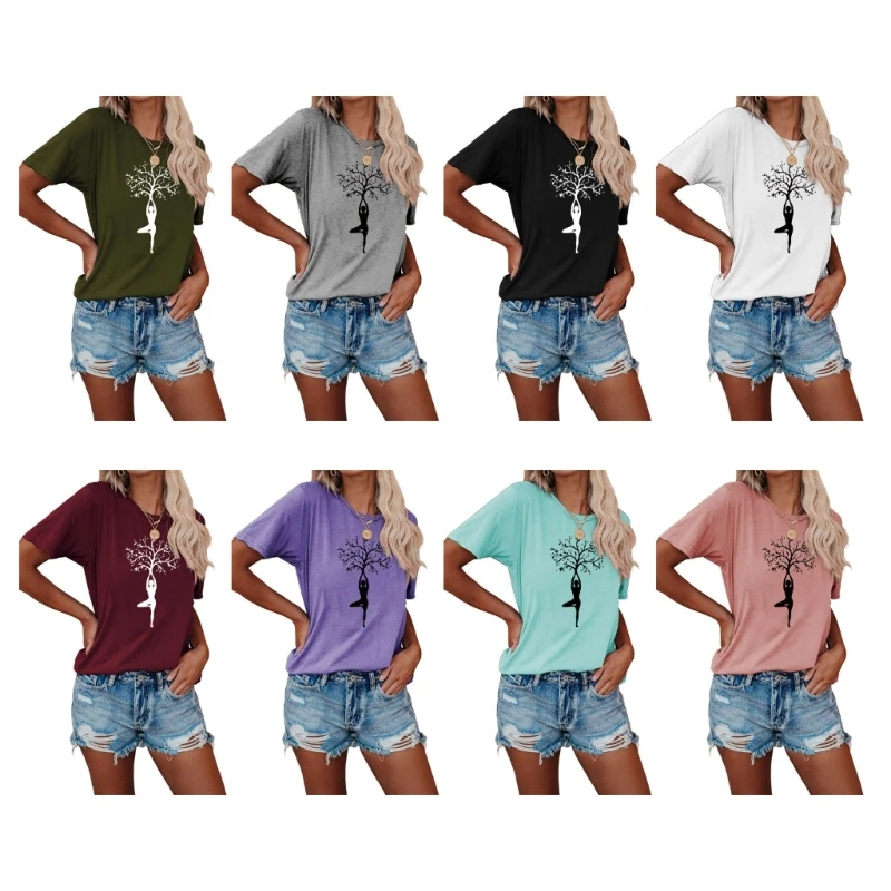 

Женская хлопковая Футболка с принтом дерева и йоги, летняя футболка с круглым вырезом, уличная одежда P8DB