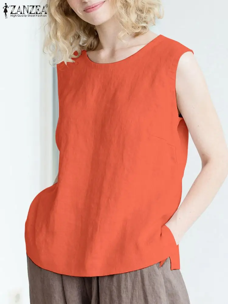 

ZANZEA Holiday Beach Tunic Shirts Summer Women Sleeveless Blouse Vinatge Solid Cotton Shirt Causal Tank Top Loose Work Blusas