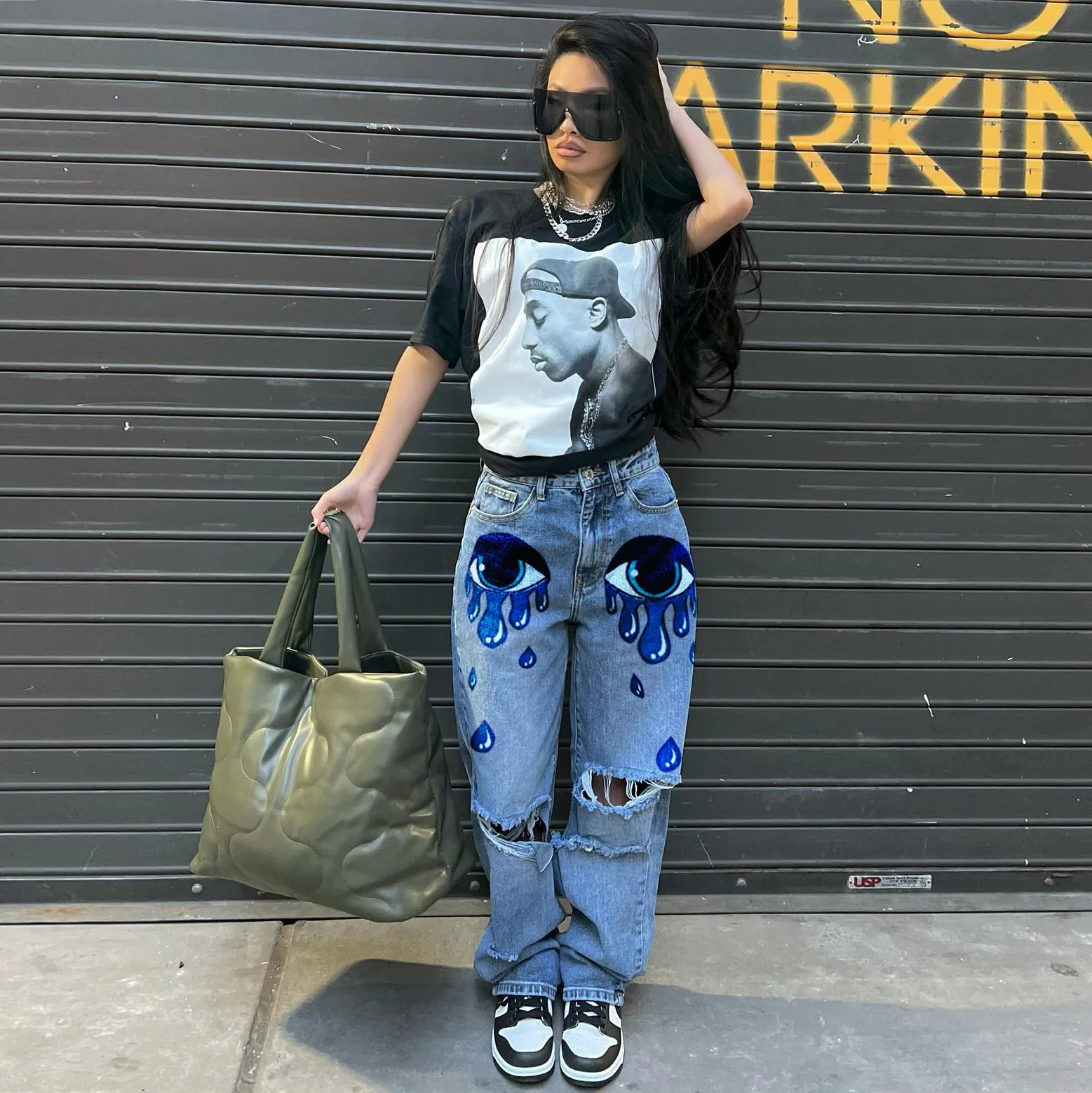 

Ladies High Waist Spring Summer Tears Personality Fashion Denim Print Trendy Jeans Casual Wide Leg Pants