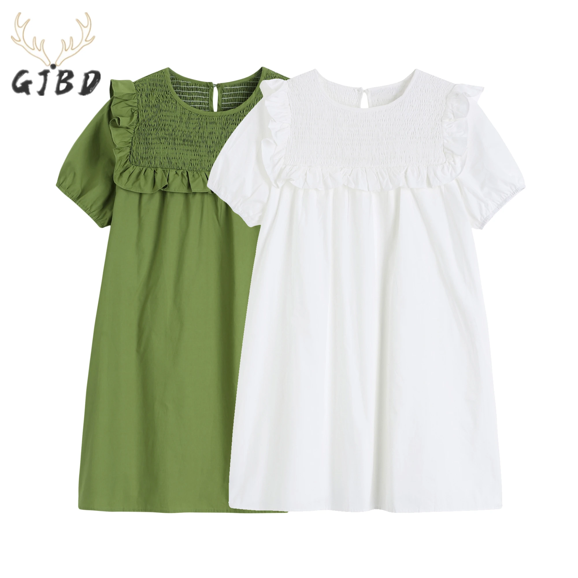 

Women's Clothing Dress Round Neck Ruffle Puff Short Sleeve Vintage Casual French Simplicity Baggy Short Skirt Ladies Summer
