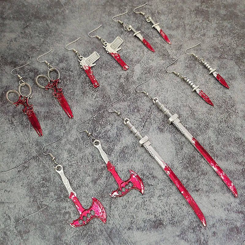 Horror Blood Halloween Earrings Long Knives Axes, Daggers Metal Exaggerated Earrings Horror Gothic Jewelry Suitable for Women