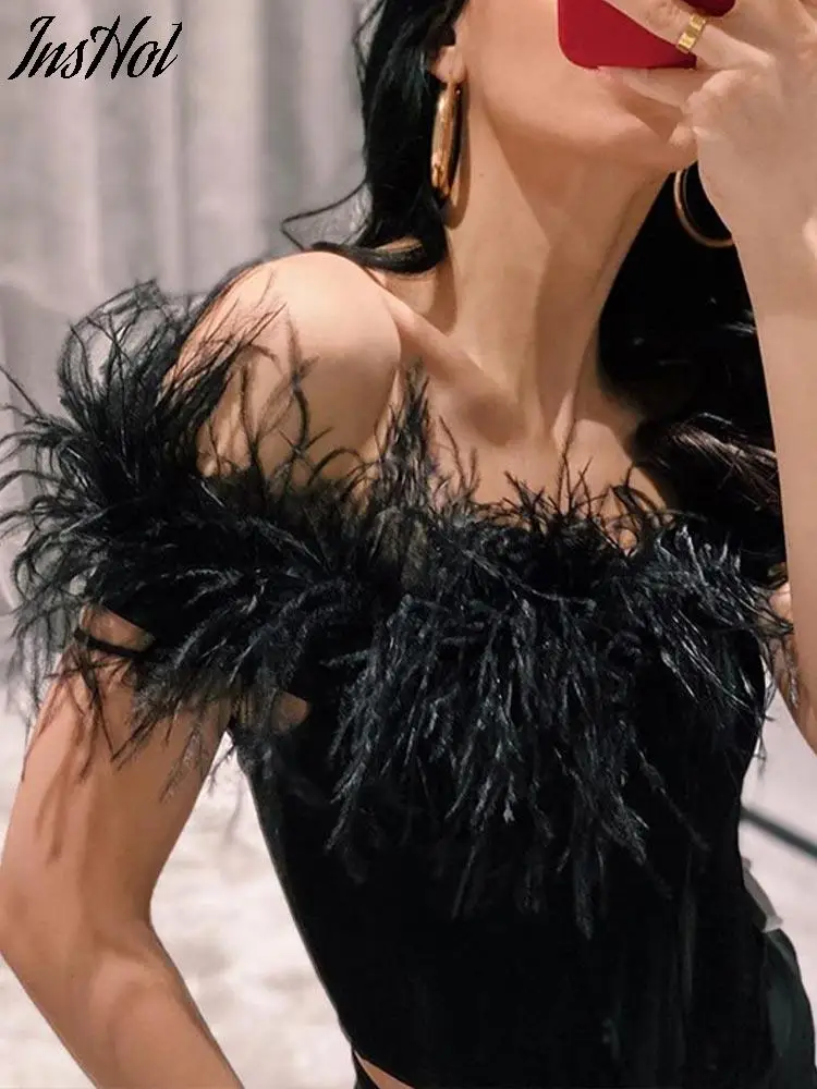 Женский сексуальный однотонный облегающий топ с страусиными перьями женский