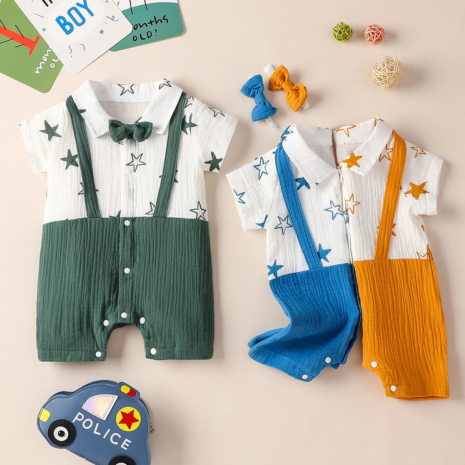 

Детский летний комбинезон с бантом и отложным воротником