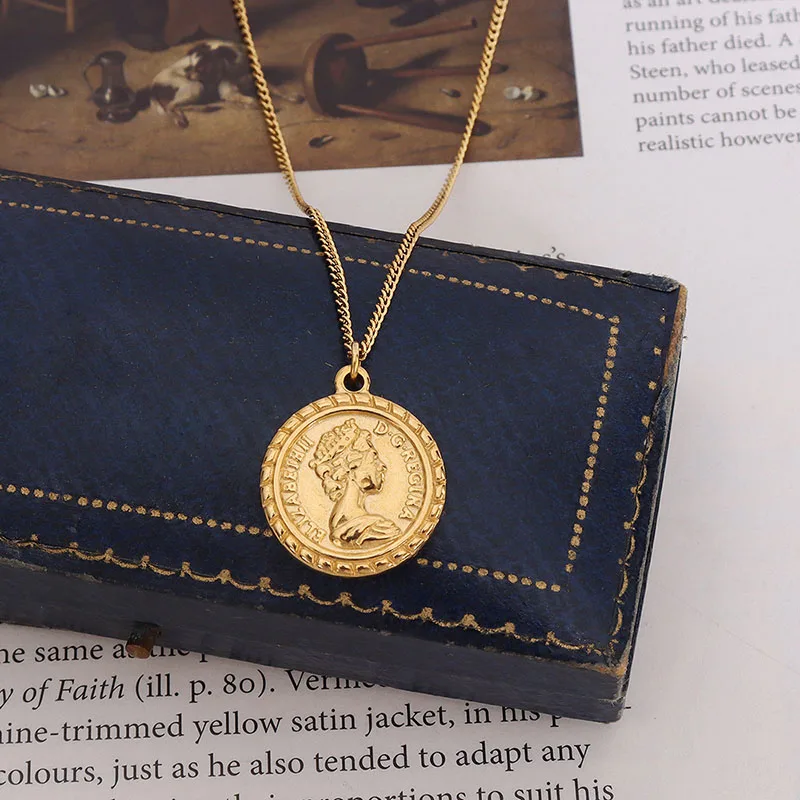 

New Fashion Retro Double-sided Portrait Coin Pendant Stainless Steel Necklaces Gold Choker Necklace For Women Titanium