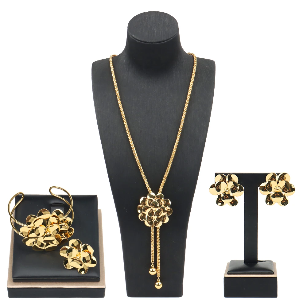 

Fashion Gold Color Jewelry Sets Long Chain Adjust Necklace Bracelet and Earring Ring 4PCS Set for Weddings Engagement Party Gift