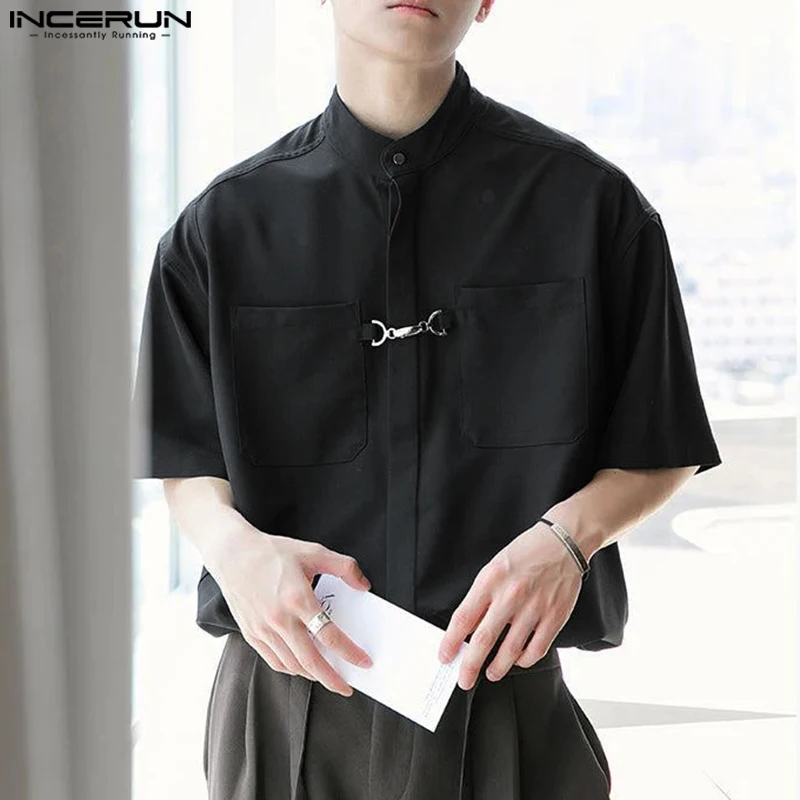 

Мужская Однотонная рубашка с воротником-стойкой и короткими рукавами