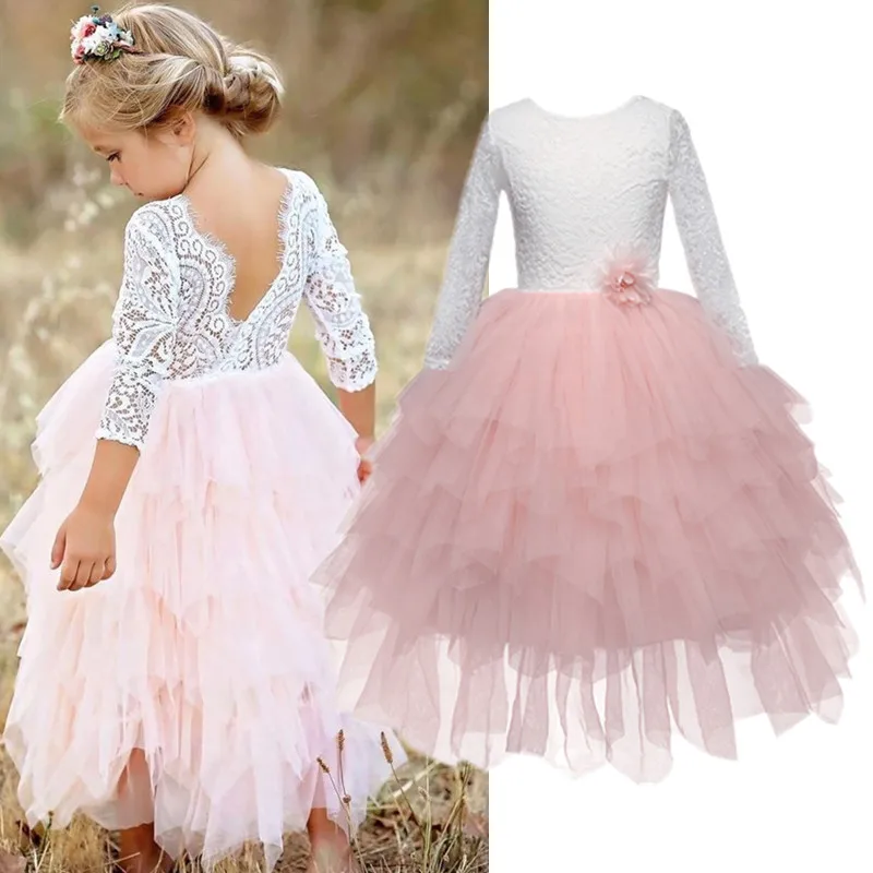 

Lace Girls Long Dress Kids Pageant Clothes Children Tutu Layered Dress Girl Irregular Ball Gowns For 3 4 5 6 7 8T Baby Clothing