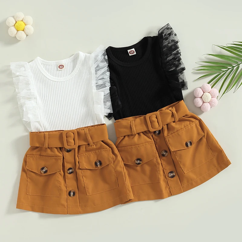 

0-4Y Summer Kids Girls Clothes Set Fly Sleeve Round Neck Knitting Tops Buttons Skirt Waist Belt Casual Outfits Children's Sets