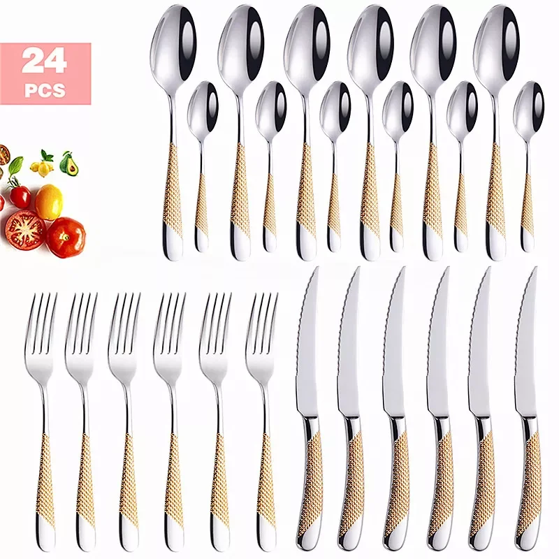 

24pcs Gold Dinnerware Set Home Tableware Stainless Steel Cutlery Set Spoon Fork Knife Dinner Set Tableware Eco Friendly Flatware