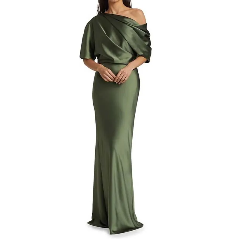

Elegant Sheath Satin Mother Of The Bride Dresses Sexy Party Off Shoulder Half Sleeve with Ruching Formal Evening Prom Gowns 2023