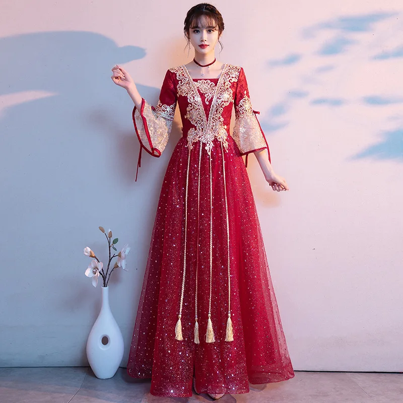 

Women Qipao Burgundy Large Size 6XL 7XL 8XL Evening Party Dress Lace Patchwork Bling Sequins Cheongsam A-line Vestidos De Festa