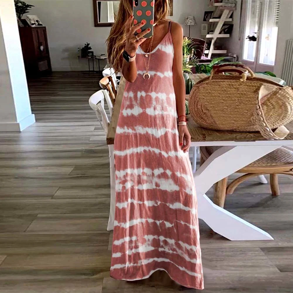 

Casual Loose Woman Dress V Neck Tie Dye Sleeveless Dress Summer Dress Long Dresses Beach Dress Maxi Dress for Women