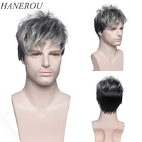 synthetic ombre black and grey men wigs short natural wave male wig daily wear for cosplay adjustable size breathable