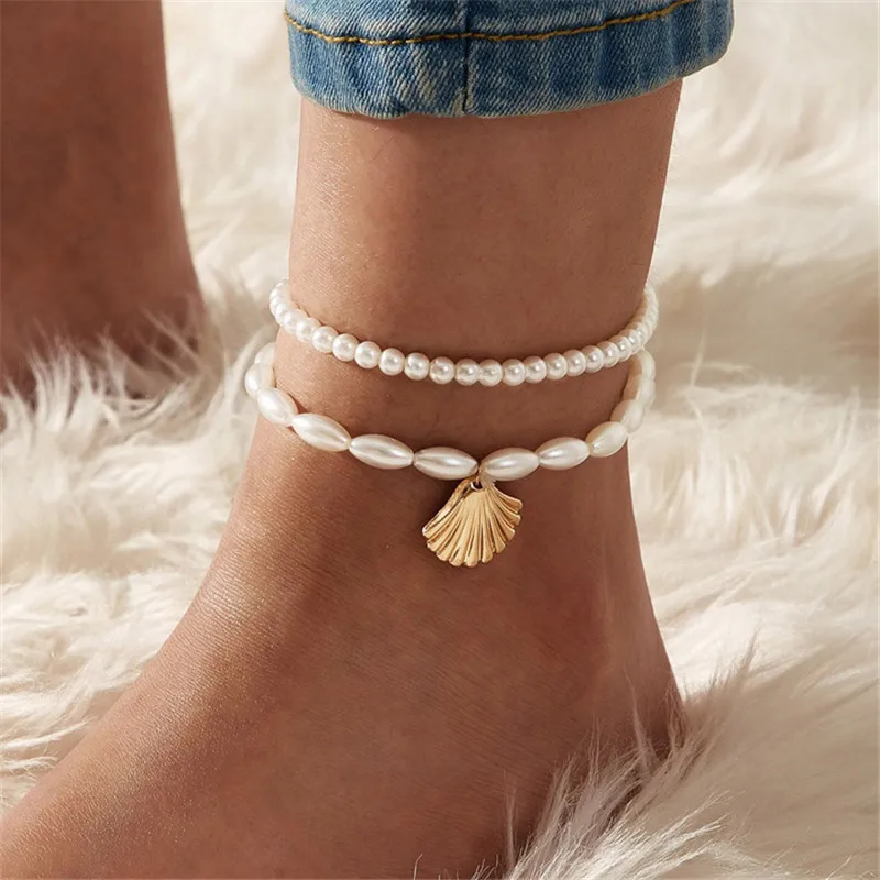 

KOTiK New Fashion Bohemian Simulated Pearl Chain Wedding Anklet Bracelet for Women Gold Color Shell Pendant Anklet Jewelry Gift