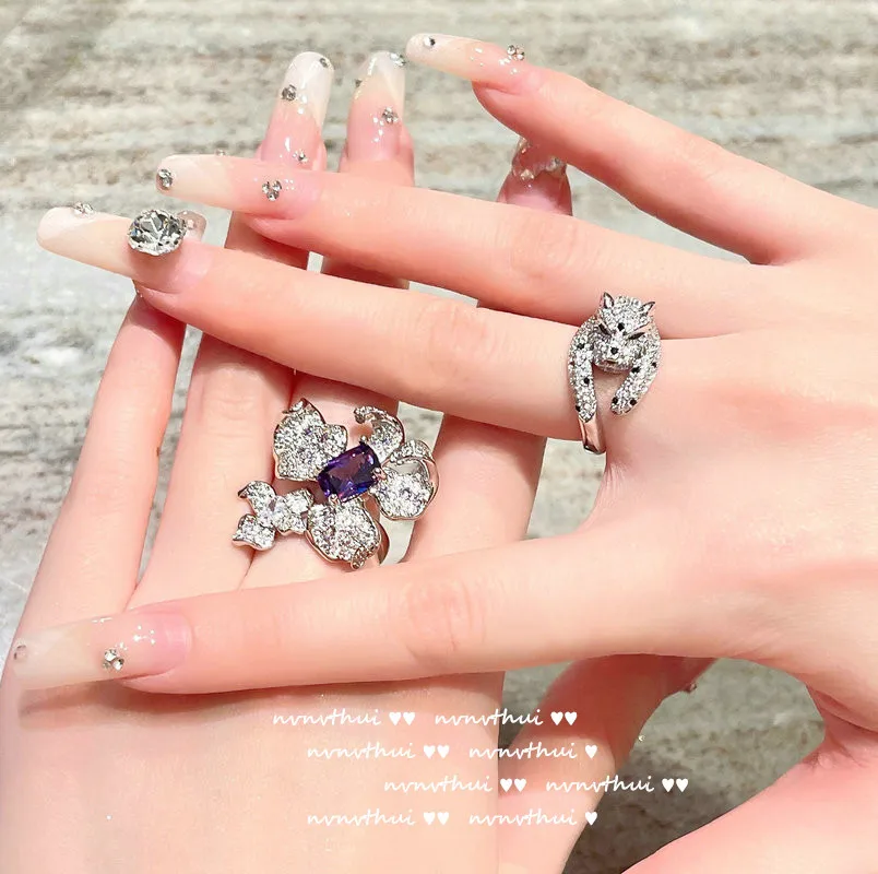 

Bright purple zircon colorful treasure flower-shaped ring opening ins luxury designer elegant women romance banquet jewelry