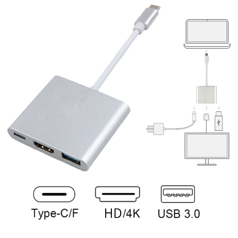 4K Type C to HDMI-compatible 3 IN 1 USB C HUB USB C to HD-MI PD USB3.0 Charging Adapter for Mac Air Pro Huawei Mate10 Samsung S8