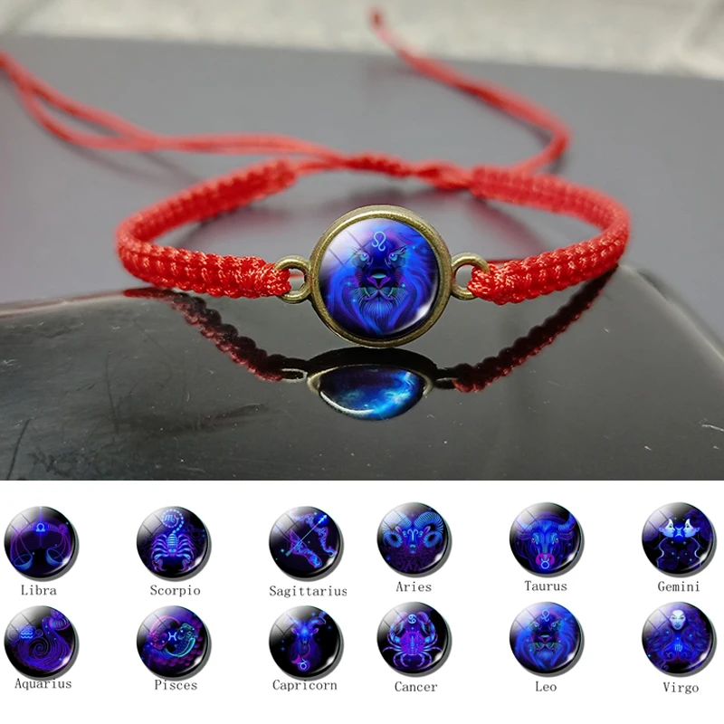 

Плетеные браслеты и обручи ручной работы с Красной веревкой для мужчин и женщин, 12 созвездий, стеклянный кабошон, браслет со знаками Зодиака...