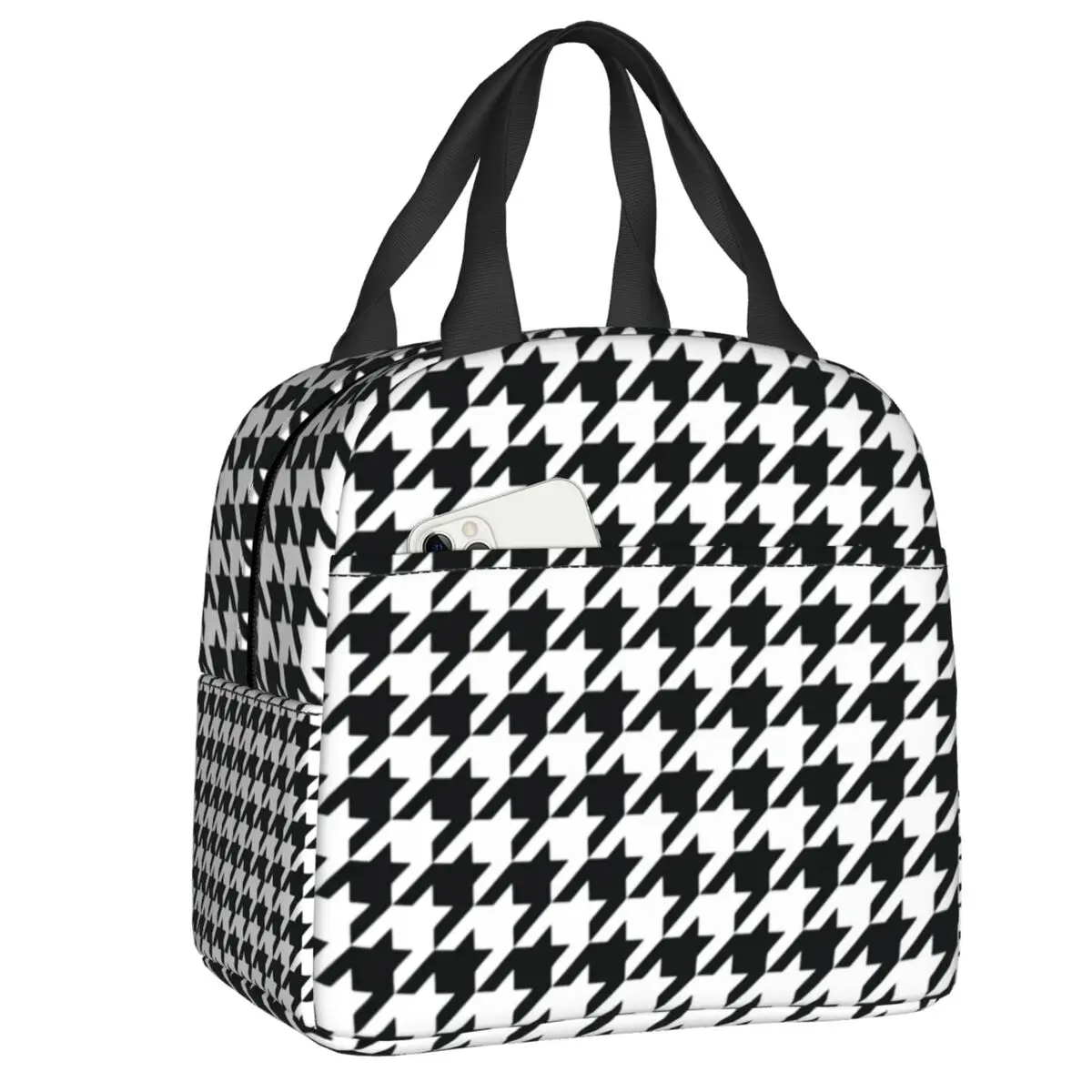 

Custom Houndstooth Black And White Pattern Lunch Bag Women Thermal Cooler Insulated Lunch Box for Kids School Children