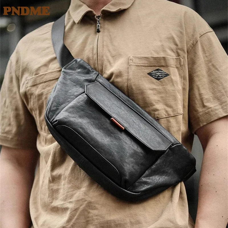 PNDME high quality genuine leather men's black chest bag fashion handmade weekend travel soft first layer cowhide diagonal bag