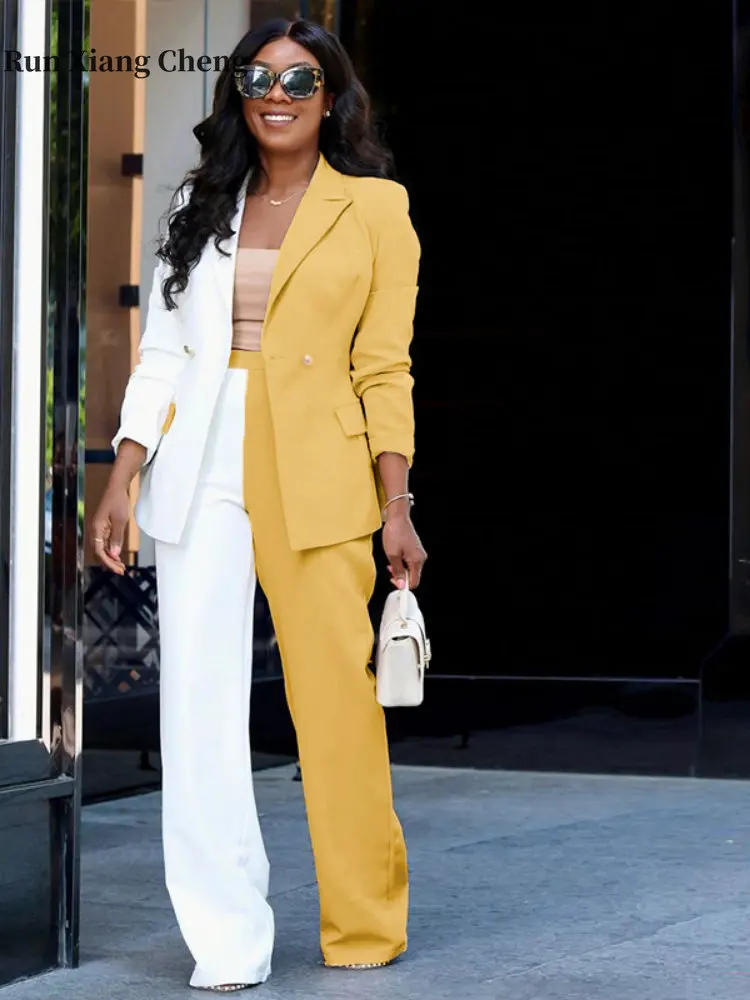 Women's Suit 2023 New Color-blocking Simple Fashion Long Sleeve Top Blazer Casual Pants Chic and Elegant Set Woman 2 Pieces