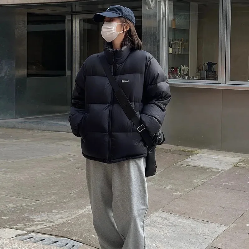GRELLER Korean Style Women Winter Puffer Jacket Loose Oversized Solid Stand Collar Female Cotton Padded Warm Coat Parkas Clothes