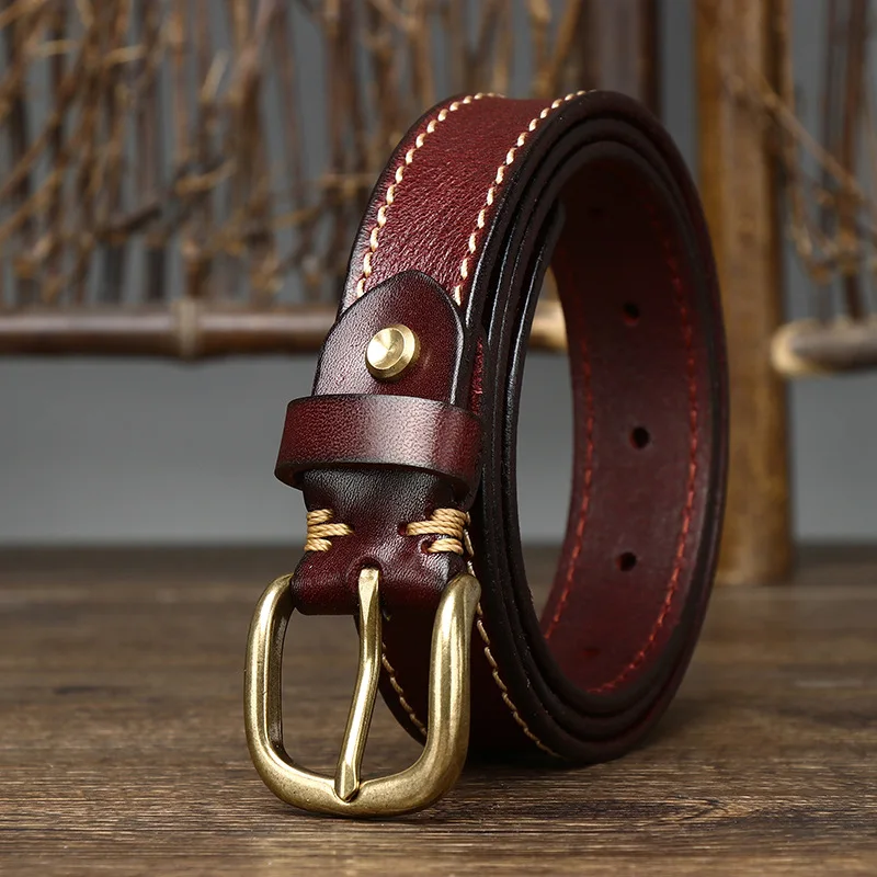 2.8CM Ladies High Quality Genuine Leather Belt Luxury Designer Brass Pin Buckle Thin Belts Pure Cowskin Vintage Jeans for Women