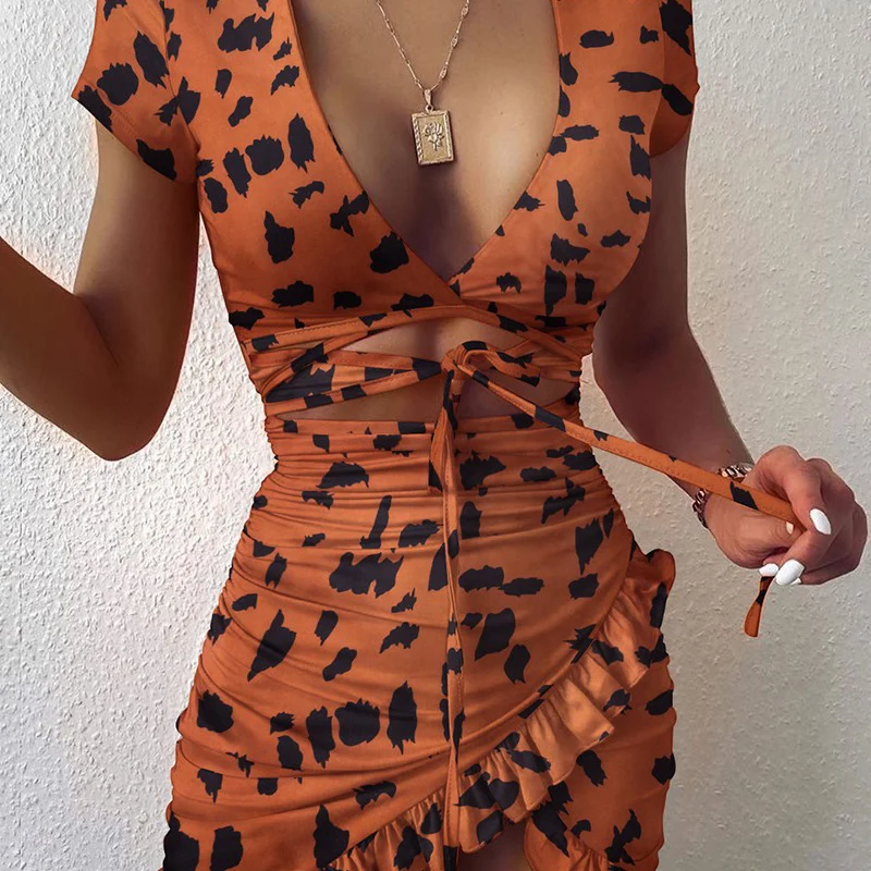 

Cut Out Design Leopard Print Women Summer Ruffles Dress Elegant Fashion V-neck Ruffle Party Mini Ladies Holiday Beach Dress