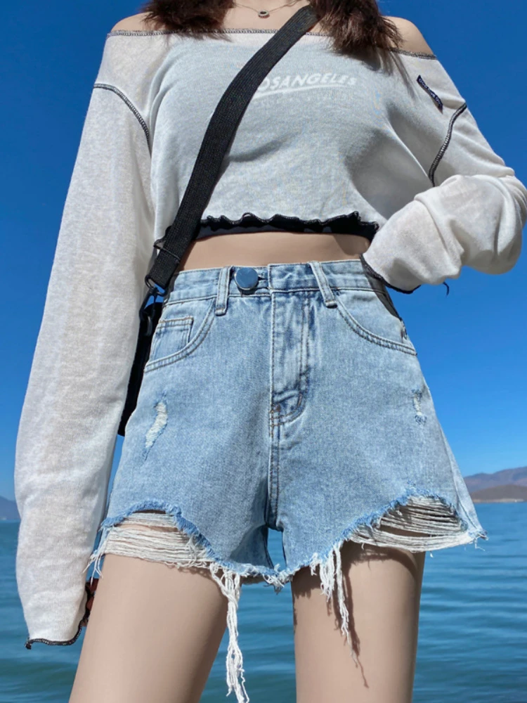 Vintage Ripped Jeans Shorts Women's 2023 Summer New In High Waist Slim Wide Leg Shorts Fashion Casual Women Jeans Streetwear