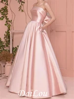 a line minimalist elegant engagement prom birthday dress strapless sleeveless floor length satin with pleats