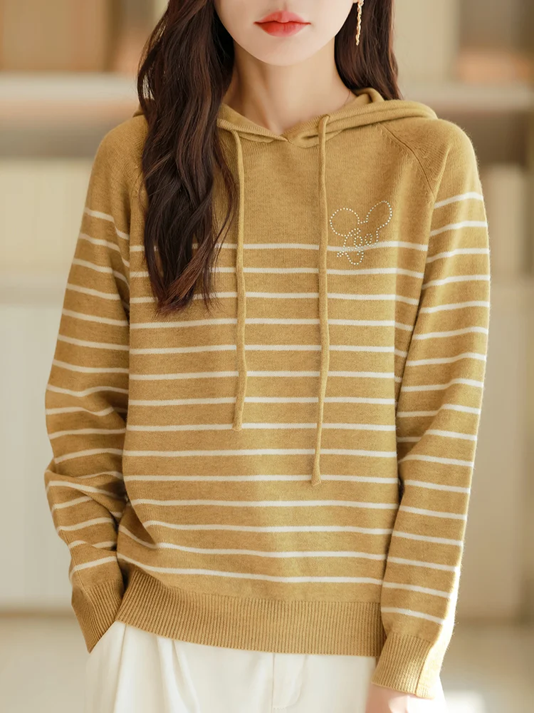 Толстовка в полоску с капюшоном трикотажная нижняя рубашка женская новинка 2024