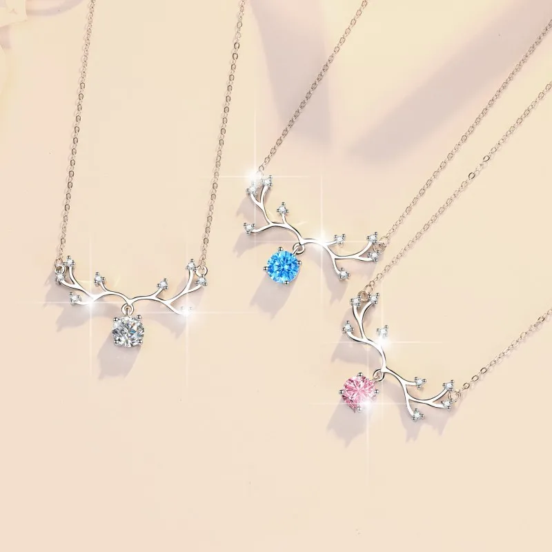 HK0042 Lefei Fashion Trendy Luxury Classic Blue Pink White Yellow Moissanite Deer Necklaces Women Real s925 Silver Party Jewelry