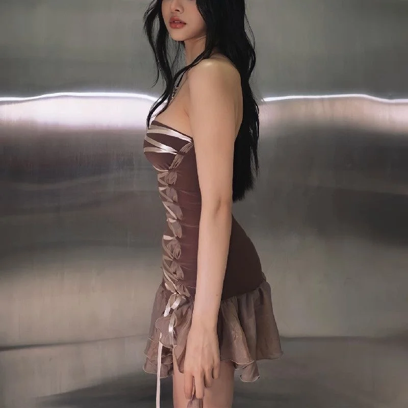 

Casual slim elegant sexy 2023 new dress, Strapless Dress Female Summer Sexy Gauze Binding Color Collision Stitching Tight Fittin