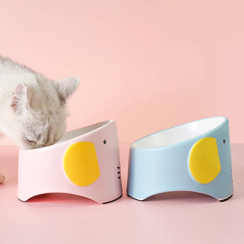 

Cartoon Cute Blue Pink Ceramic Tilted Pet Cat Bowls Protection Cat Spine Cat Dog Food Bolw Feeder Pet supplies